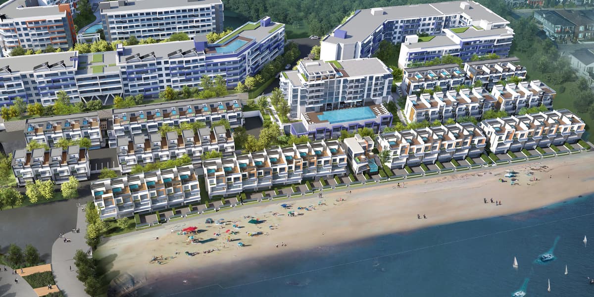 Aerial rendering of the Waterfront villa rows above the white sand beach, a green dot on every villa for sale